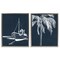 Stupell Industries Blue Boat & Palm 2 pc Framed Floater Canvas Wall Art Set Design by Leah Noel Art